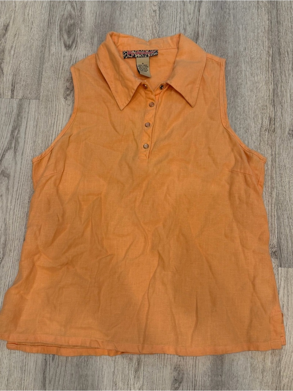 Lily‎ Stanhope 100% Linen Sleeveless Collared Top Peach Orange Small
